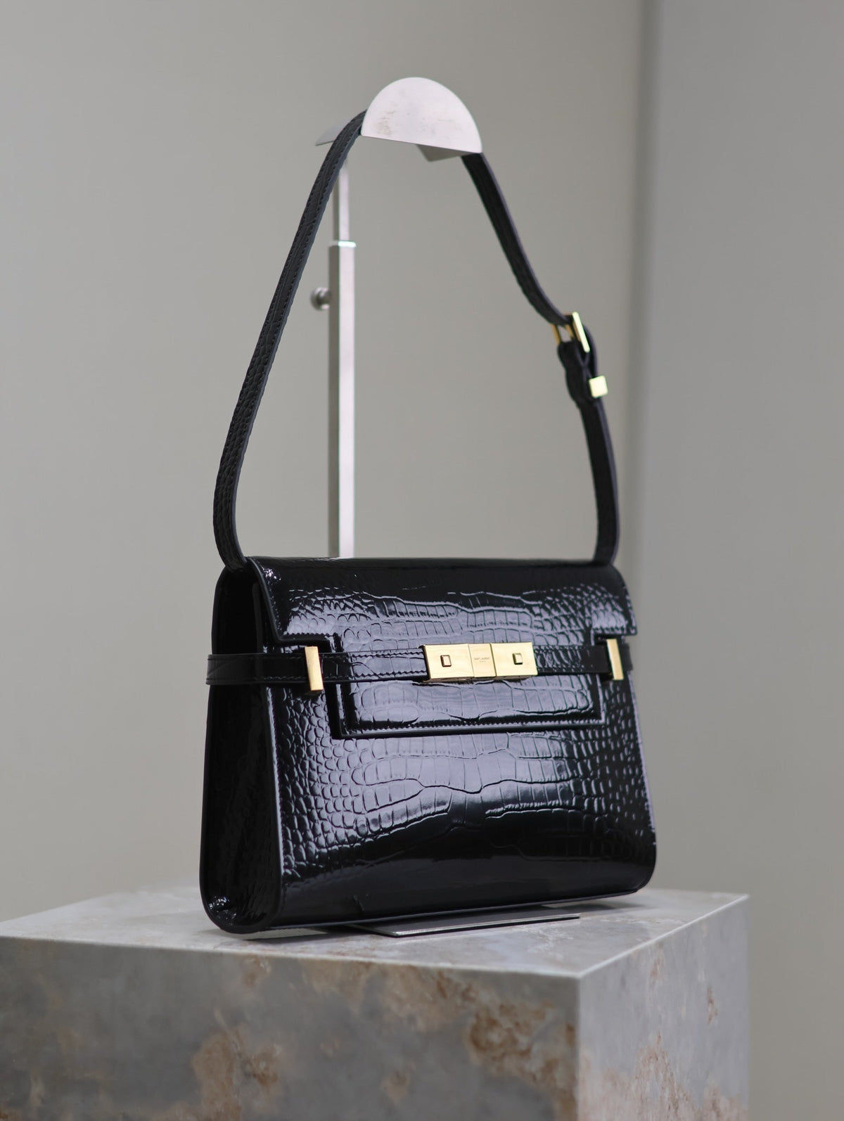 Saint Laurent Manhattan Small 24 in Black Crocodile Pattern Glossy Calfskin Gold Buckle Bag