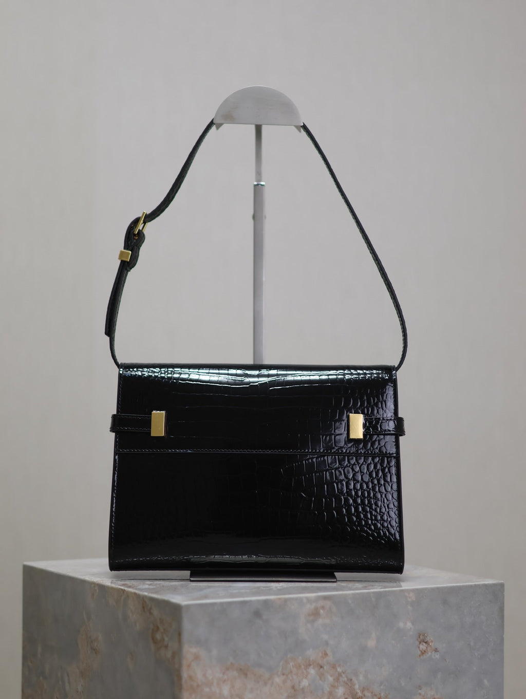 Saint Laurent Manhattan Small 24 in Black Crocodile Pattern Glossy Calfskin Gold Buckle Bag