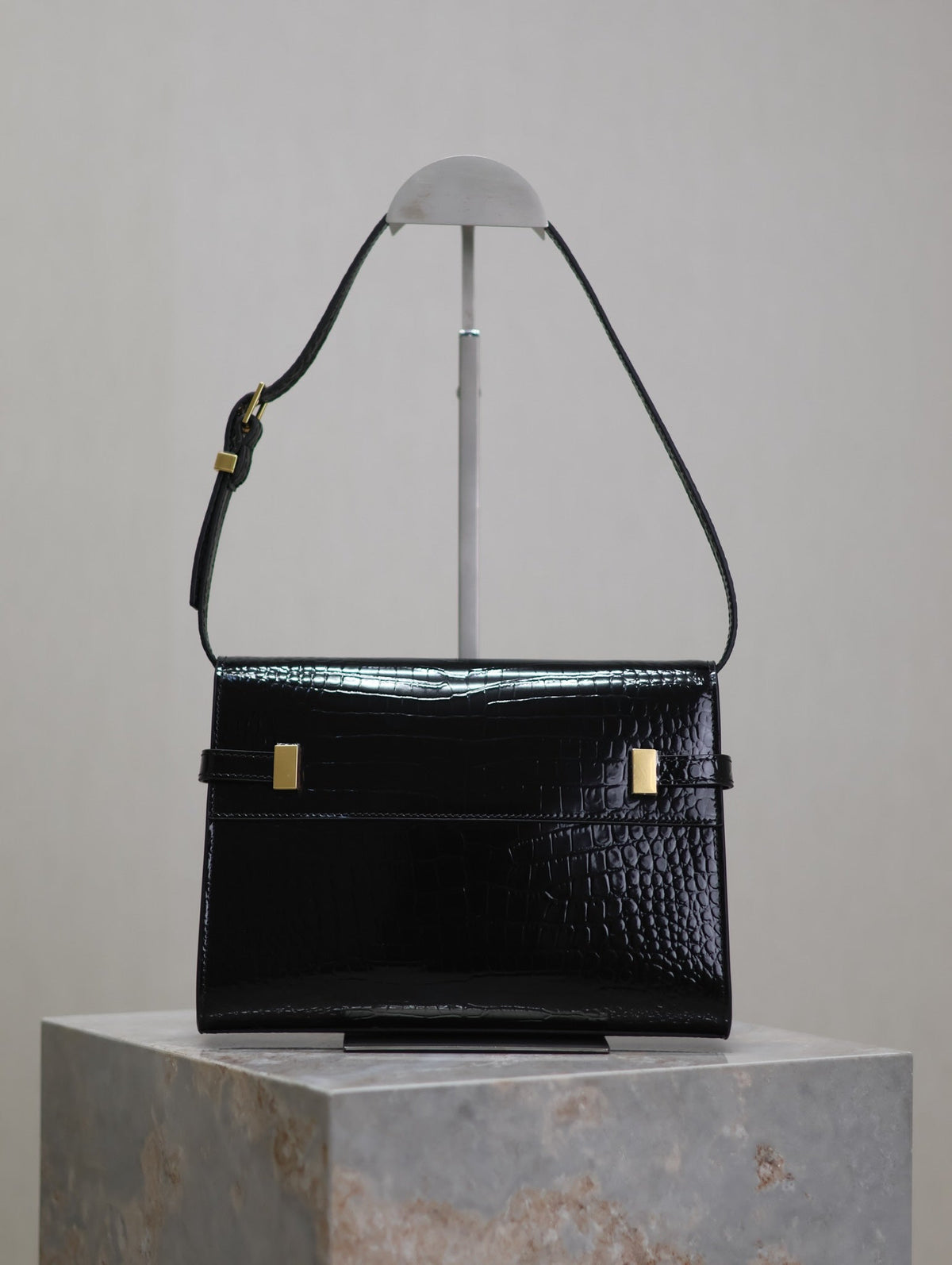 Saint Laurent Manhattan Small 24 in Black Crocodile Pattern Glossy Calfskin Gold Buckle Bag