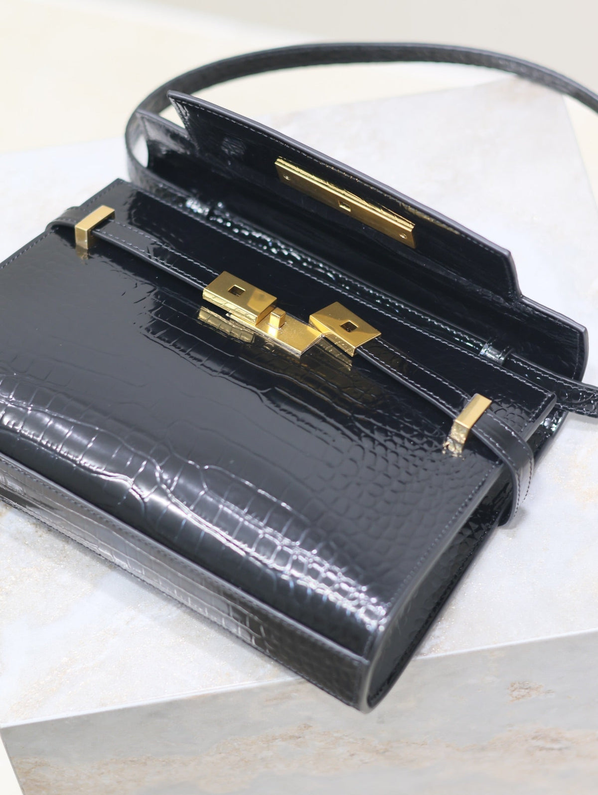 Saint Laurent Manhattan Small 24 in Black Crocodile Pattern Glossy Calfskin Gold Buckle Bag