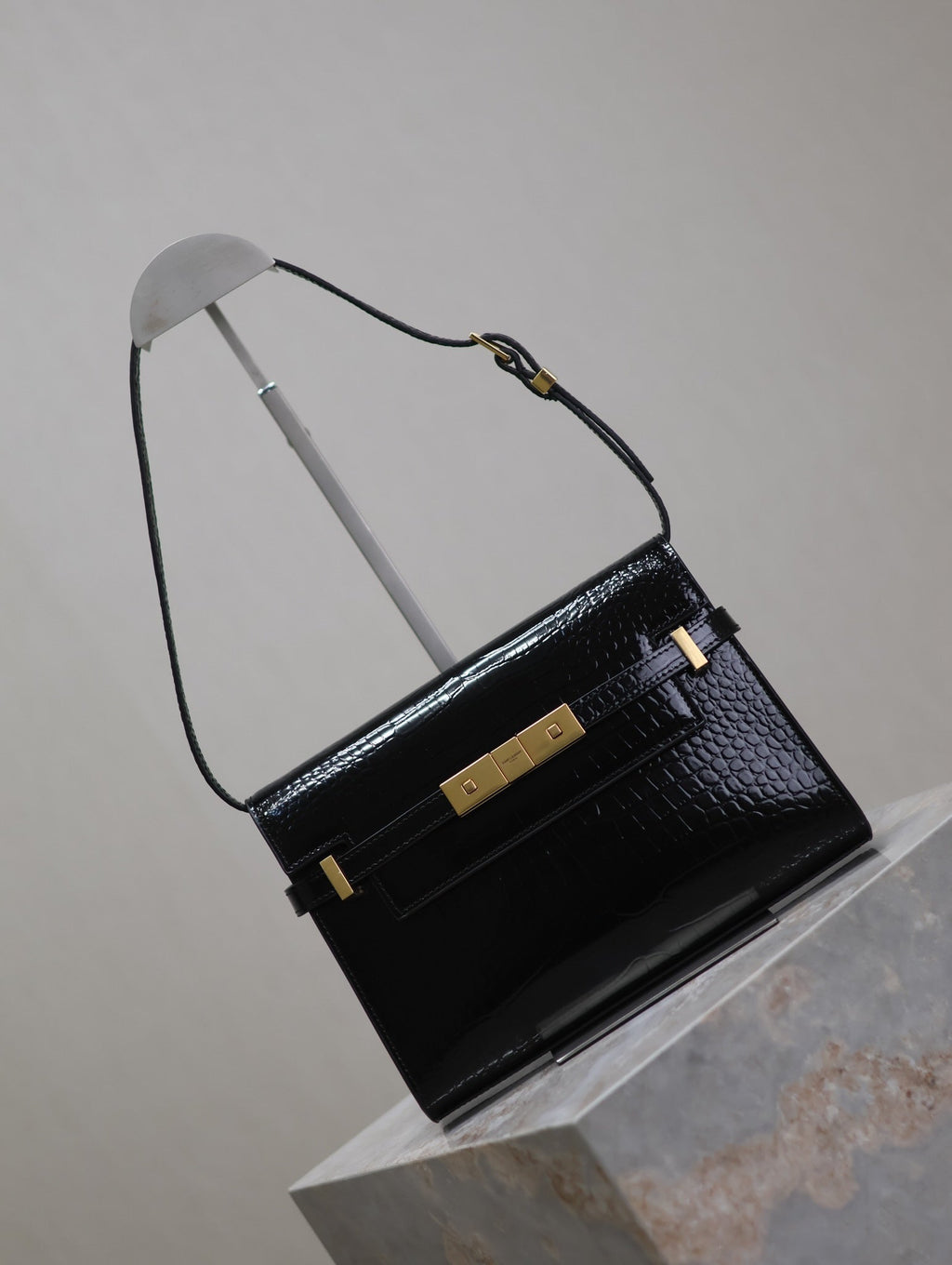 Saint Laurent Manhattan Small 24 in Black Crocodile Pattern Glossy Calfskin Gold Buckle Bag