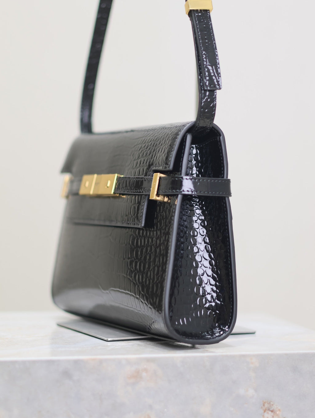 Saint Laurent Manhattan Small 24 in Black Crocodile Pattern Glossy Calfskin Gold Buckle Bag