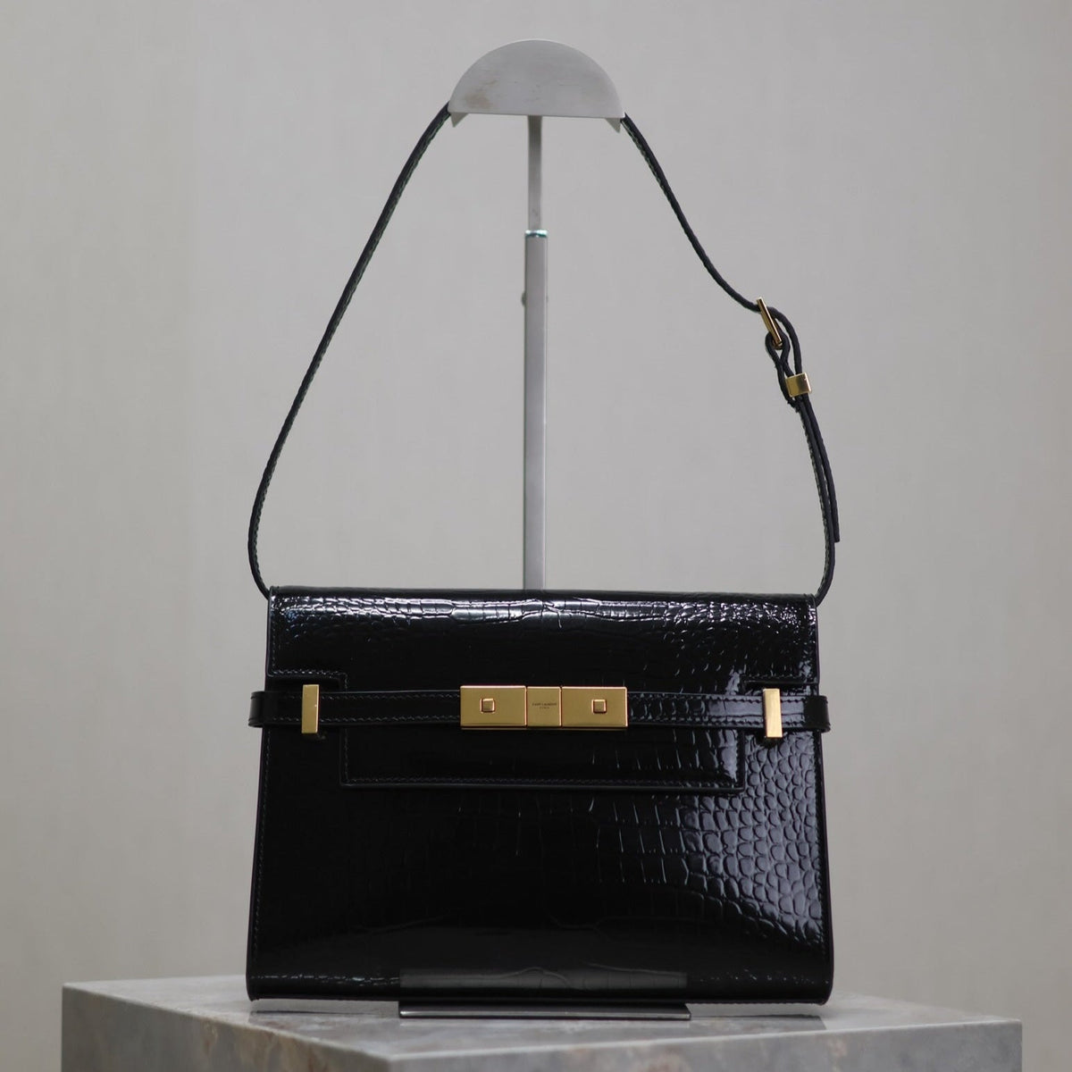 Saint Laurent Manhattan Small 24 in Black Crocodile Pattern Glossy Calfskin Gold Buckle Bag