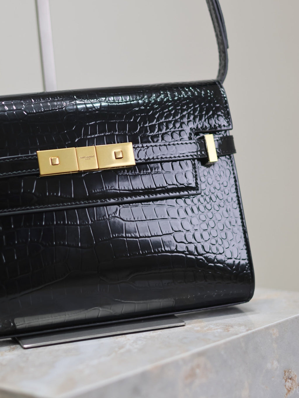 Saint Laurent Manhattan Small 24 in Black Crocodile Pattern Glossy Calfskin Gold Buckle Bag