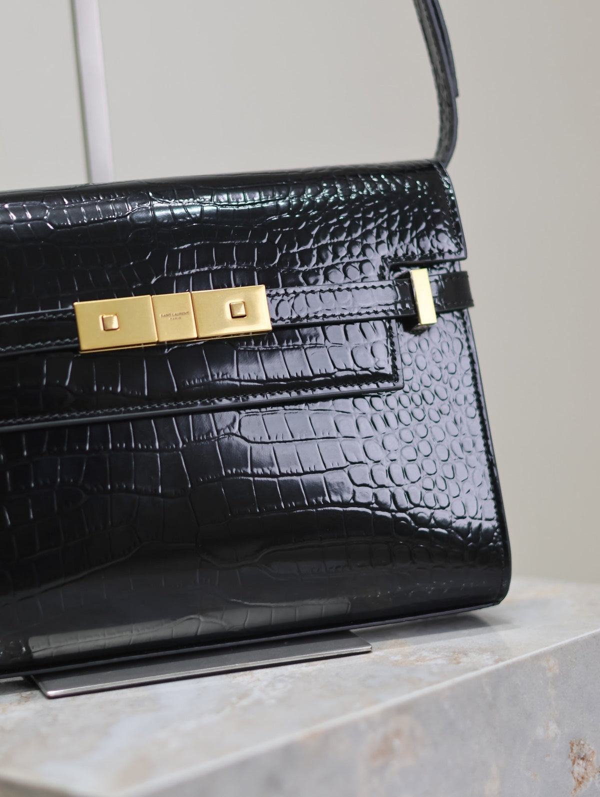 Saint Laurent Manhattan Small 24 in Black Crocodile Pattern Glossy Calfskin Gold Buckle Bag