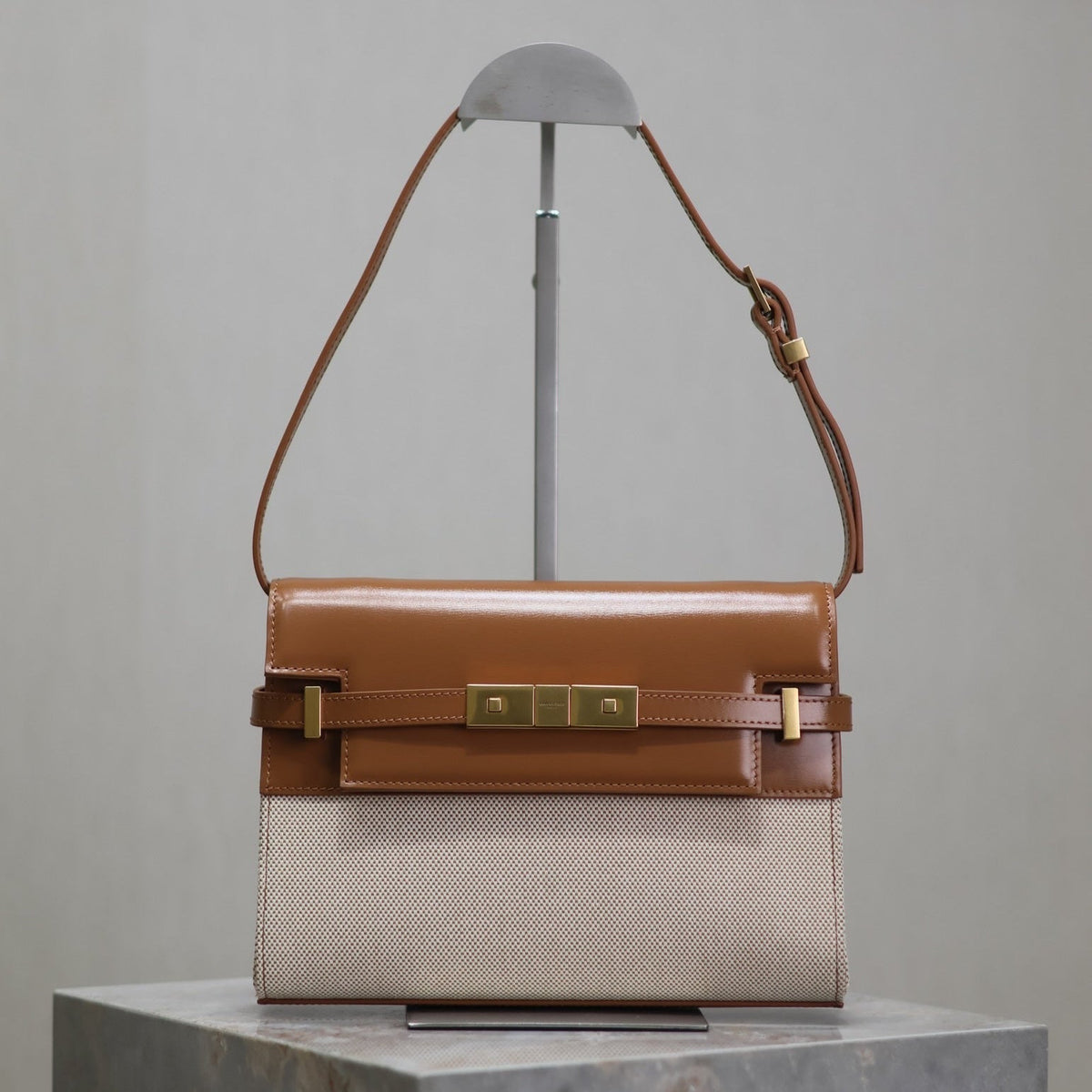 Saint Laurent Manhattan Small 24 in White Canvas and Brown Calfskin Gold Hardware Bag