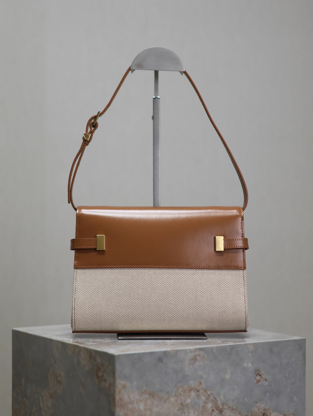 Saint Laurent Manhattan Small 24 in White Canvas and Brown Calfskin Gold Hardware Bag