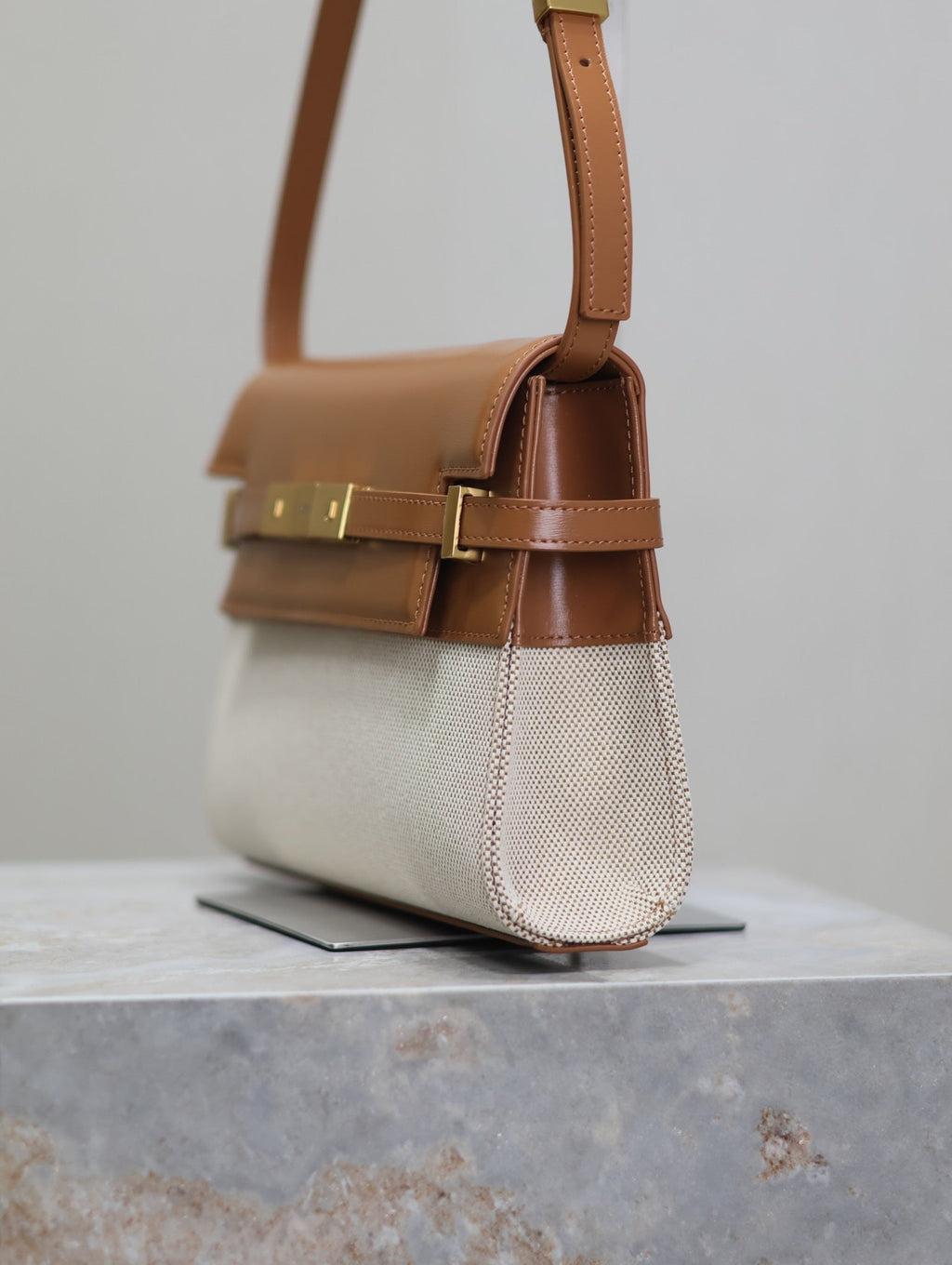 Saint Laurent Manhattan Small 24 in White Canvas and Brown Calfskin Gold Hardware Bag