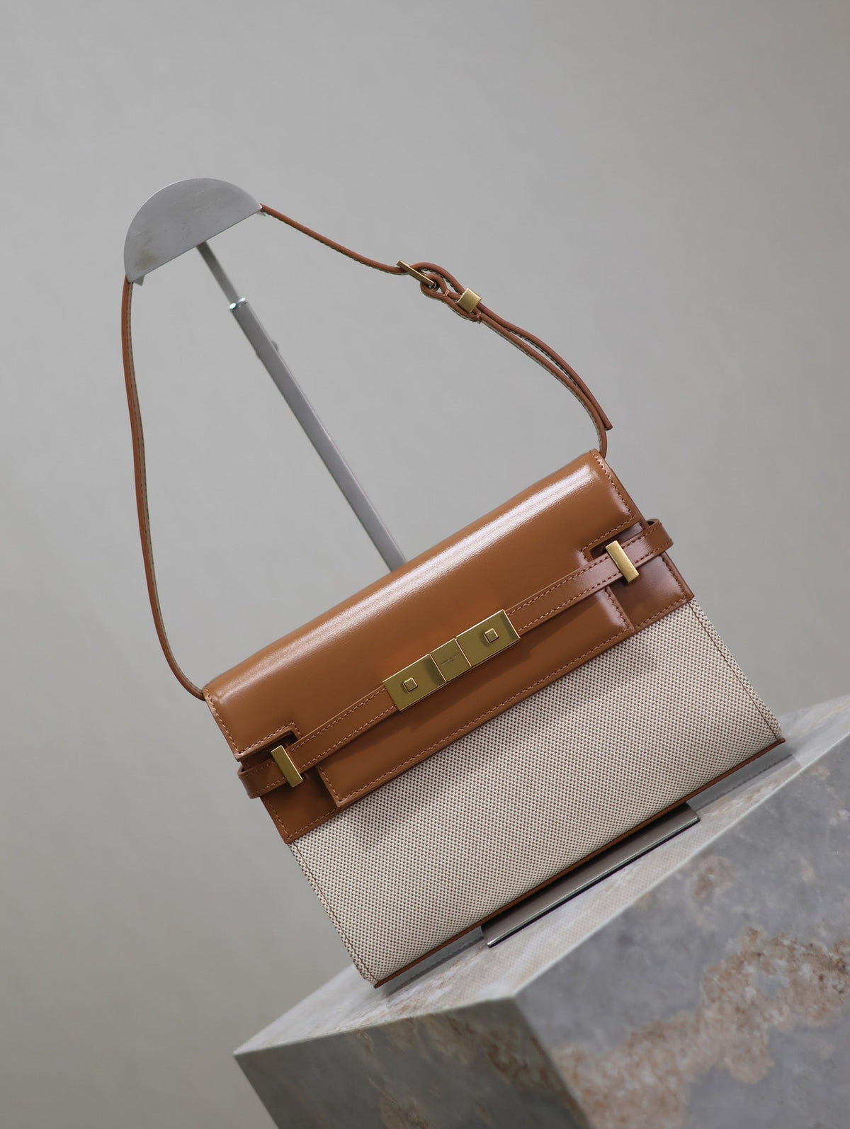Saint Laurent Manhattan Small 24 in White Canvas and Brown Calfskin Gold Hardware Bag