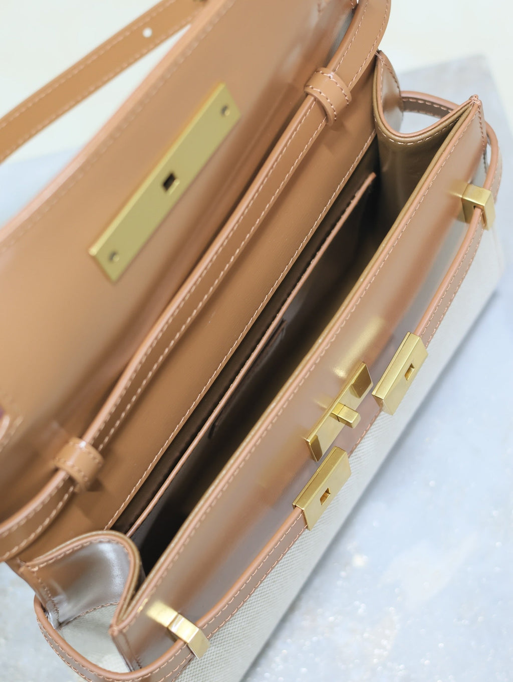 Saint Laurent Manhattan Small 24 in White Canvas and Brown Calfskin Gold Hardware Bag