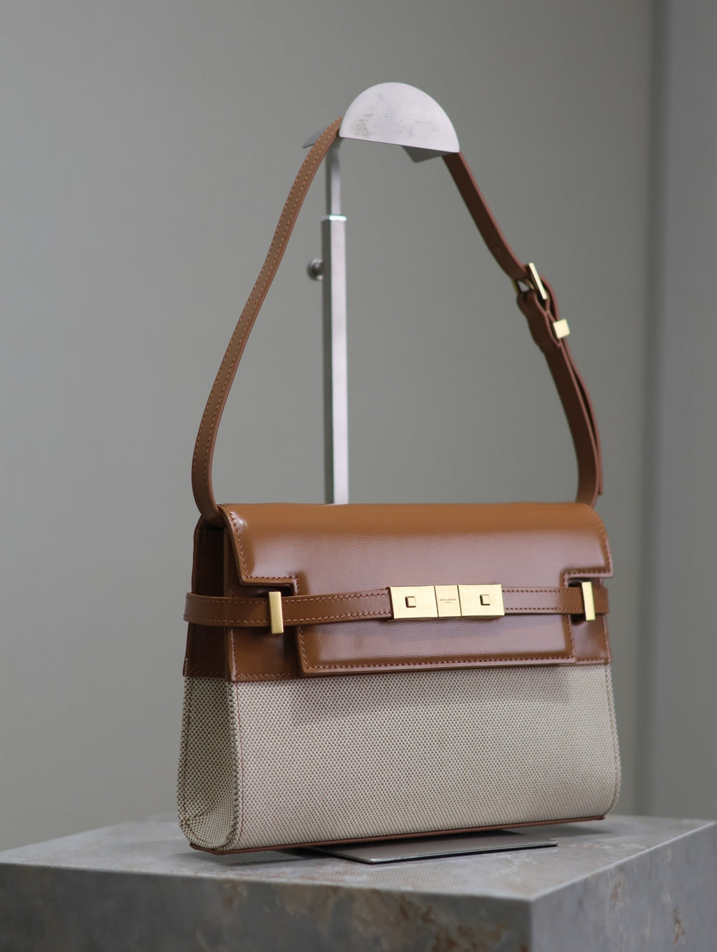 Saint Laurent Manhattan Small 24 in White Canvas and Brown Calfskin Gold Hardware Bag