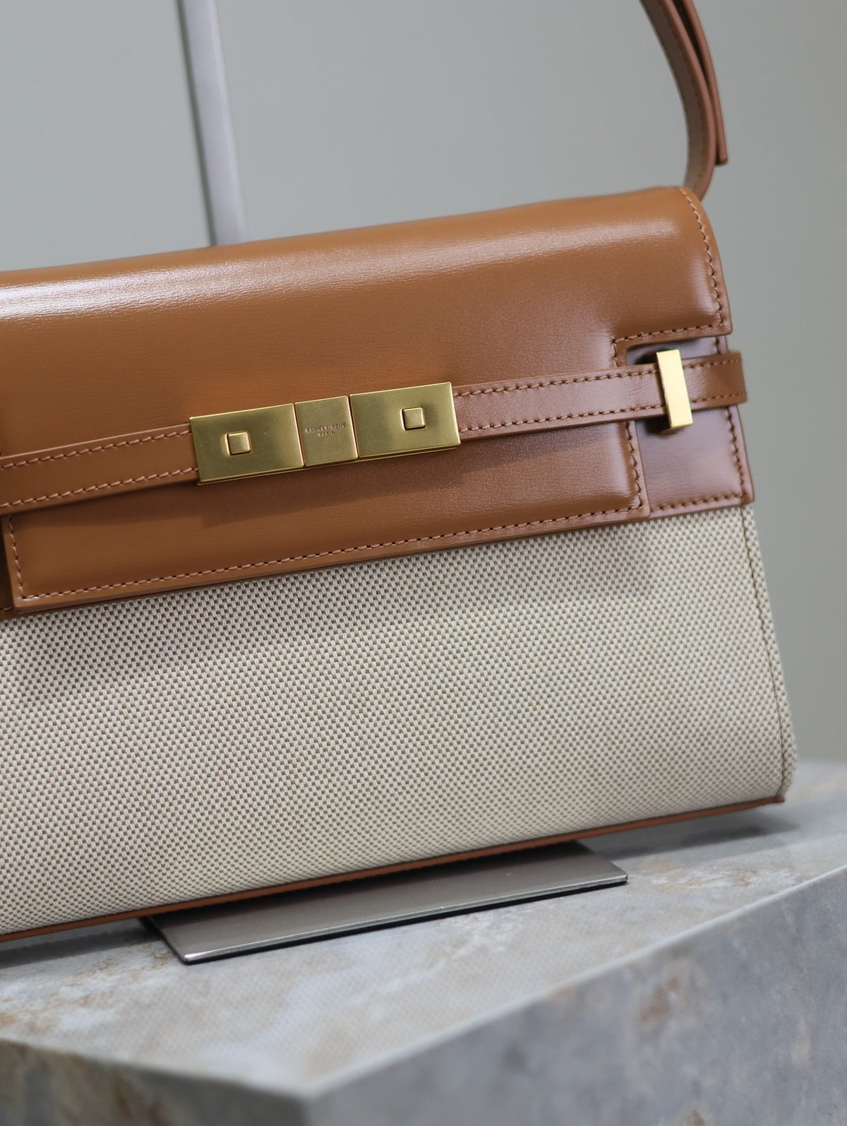 Saint Laurent Manhattan Small 24 in White Canvas and Brown Calfskin Gold Hardware Bag