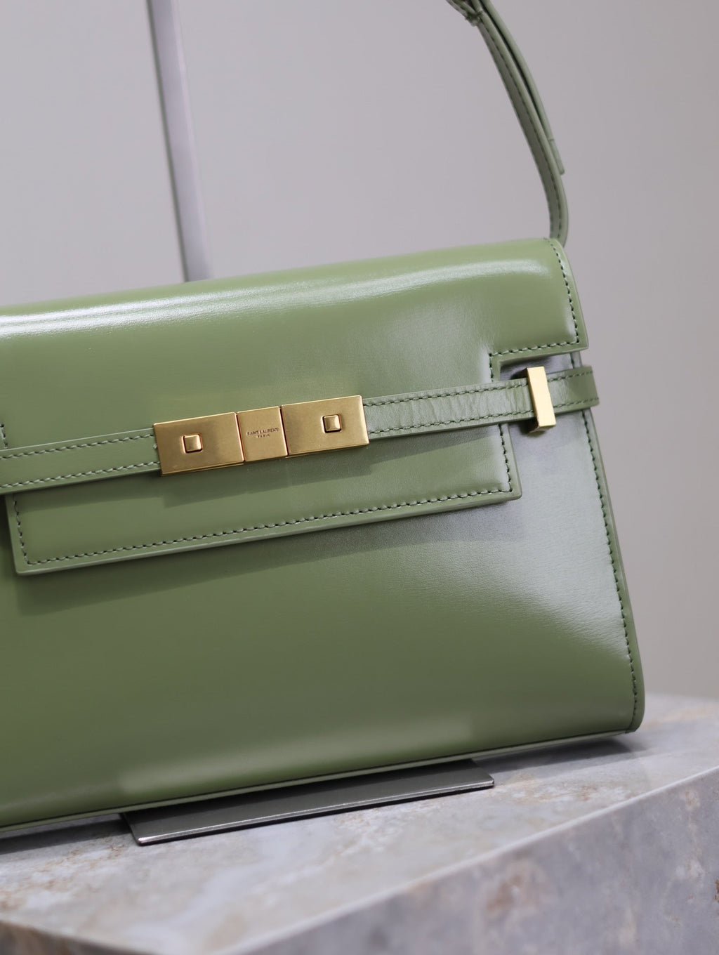 Saint Laurent Manhattan Small 24 in Olive Green Smooth Lambskin Gold Hardware Bag