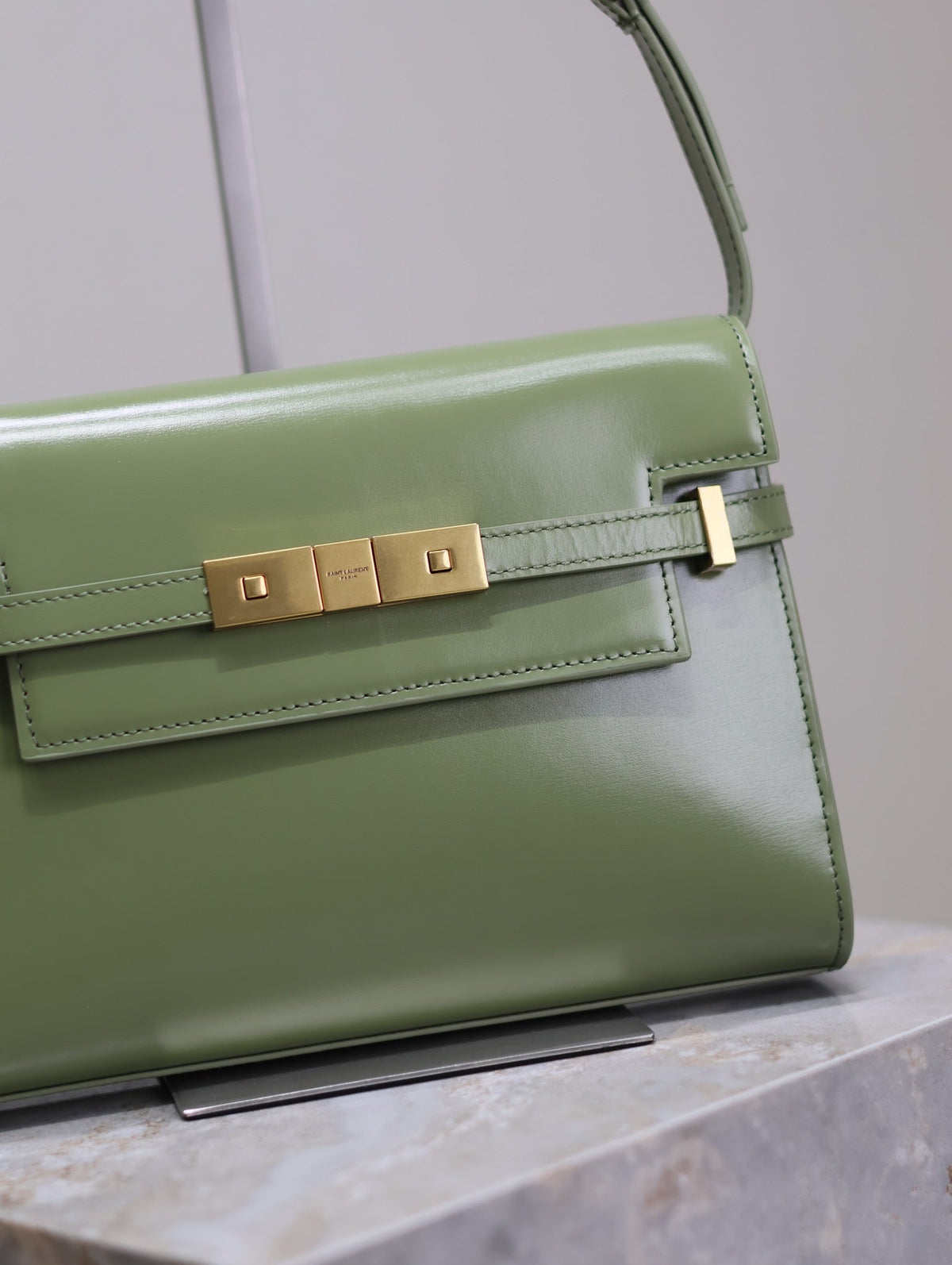Saint Laurent Manhattan Small 24 in Olive Green Smooth Lambskin Gold Hardware Bag