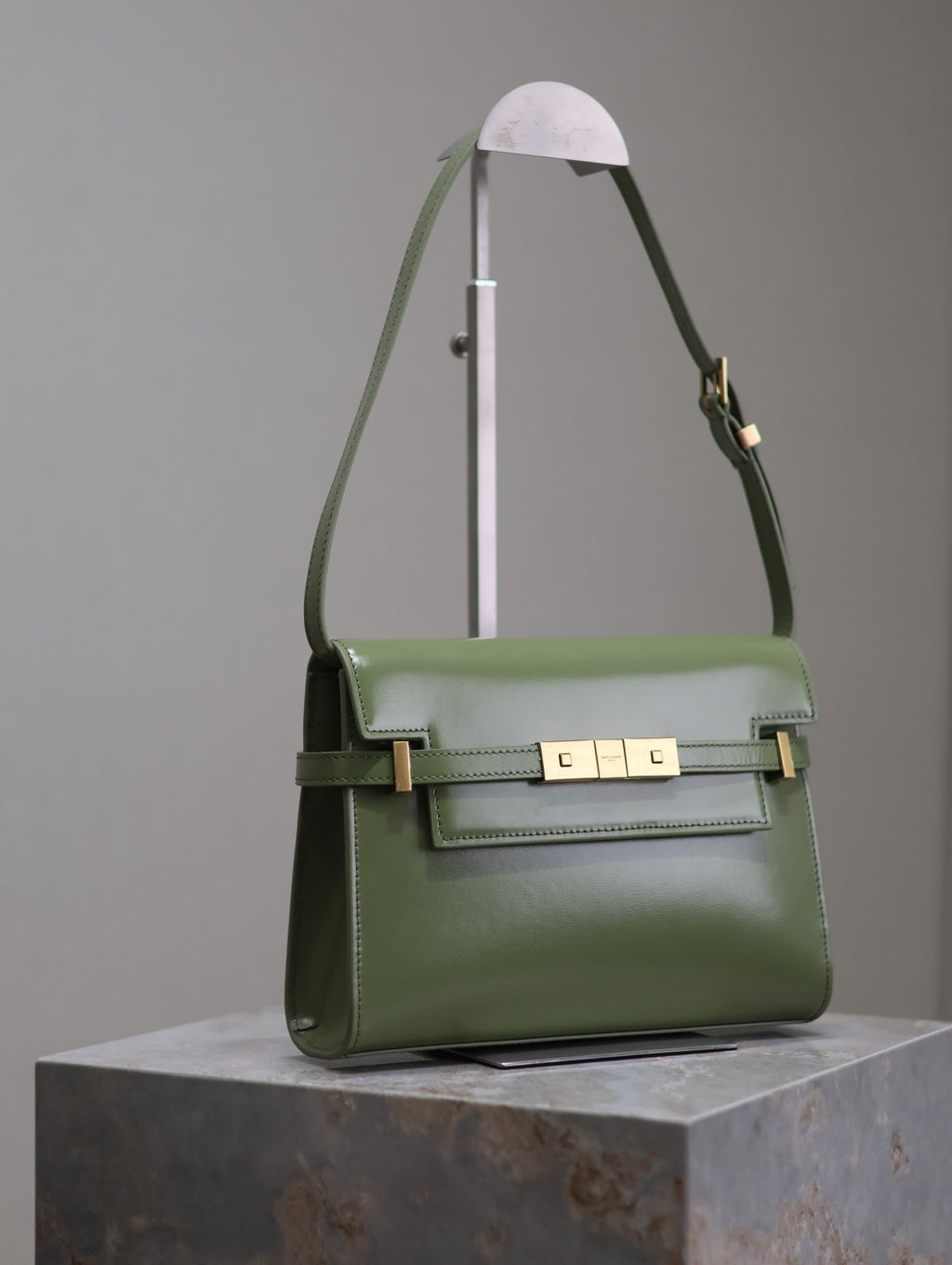 Saint Laurent Manhattan Small 24 in Olive Green Smooth Lambskin Gold Hardware Bag