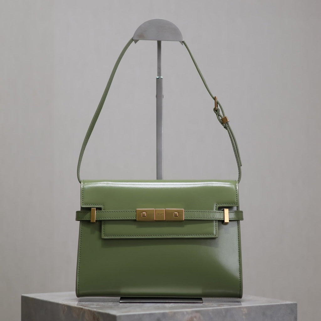 Saint Laurent Manhattan Small 24 in Olive Green Smooth Lambskin Gold Hardware Bag