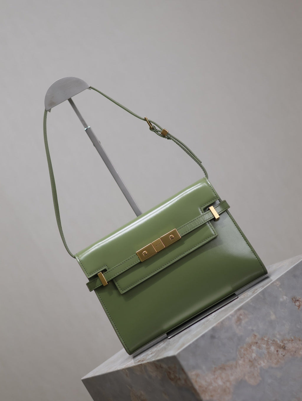 Saint Laurent Manhattan Small 24 in Olive Green Smooth Lambskin Gold Hardware Bag