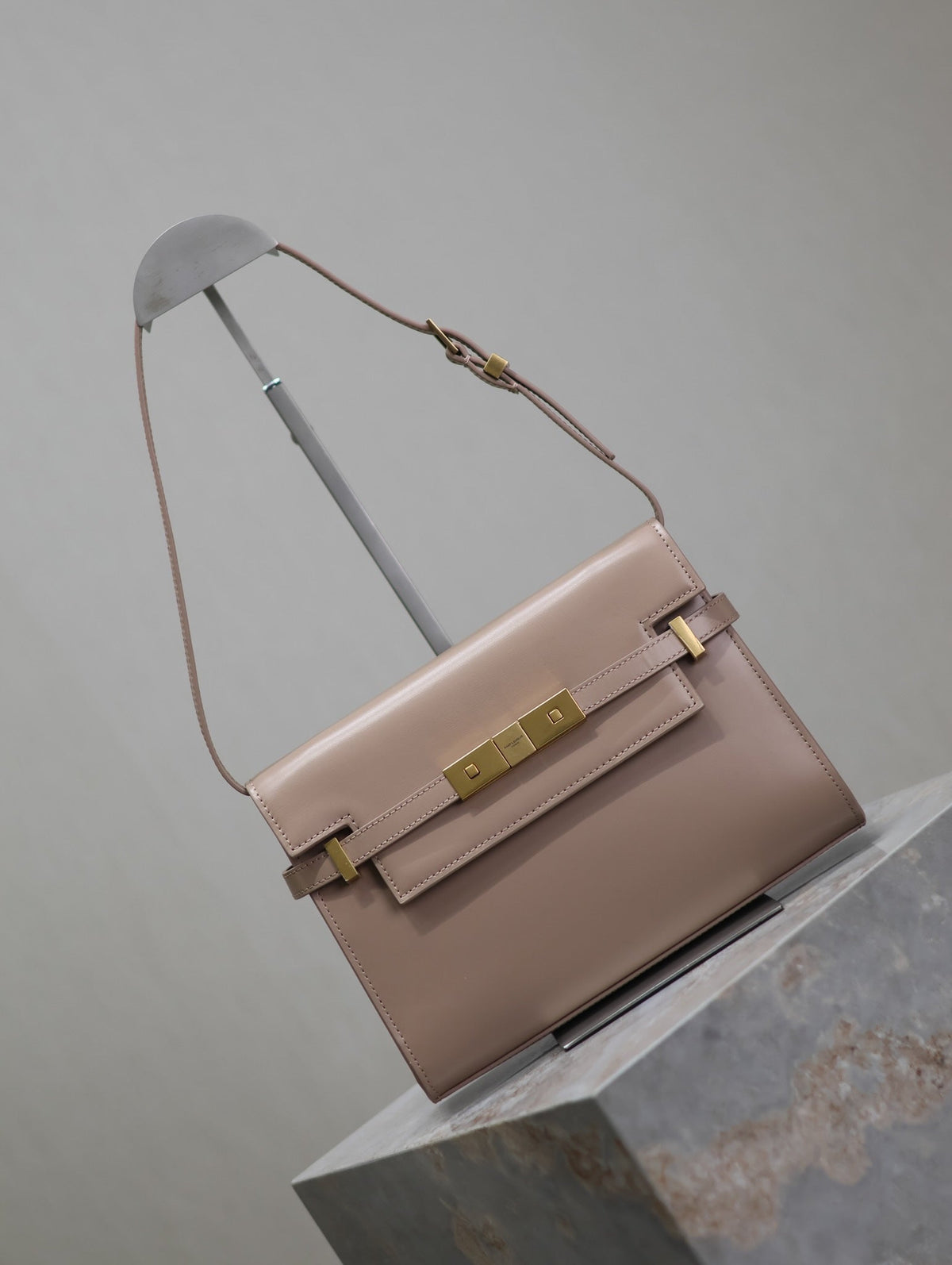 Saint Laurent Manhattan Small 24 in Dark Beige Smooth Lambskin Gold Hardware Bag