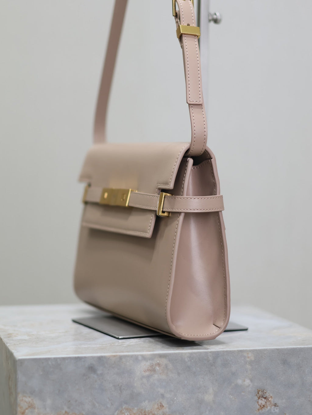 Saint Laurent Manhattan Small 24 in Dark Beige Smooth Lambskin Gold Hardware Bag