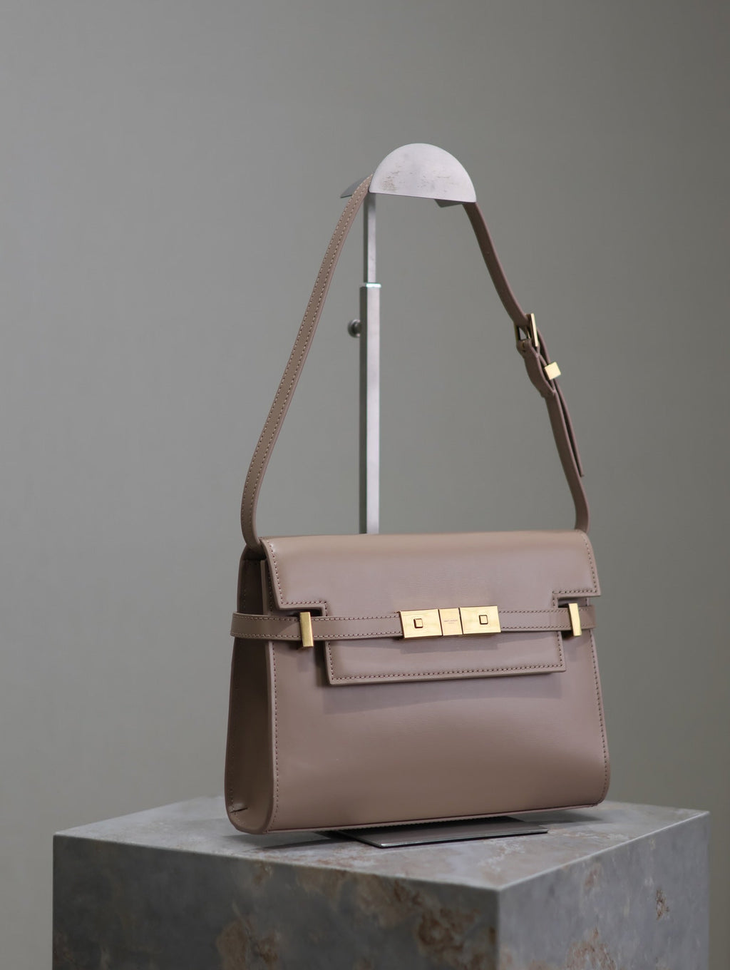 Saint Laurent Manhattan Small 24 in Dark Beige Smooth Lambskin Gold Hardware Bag