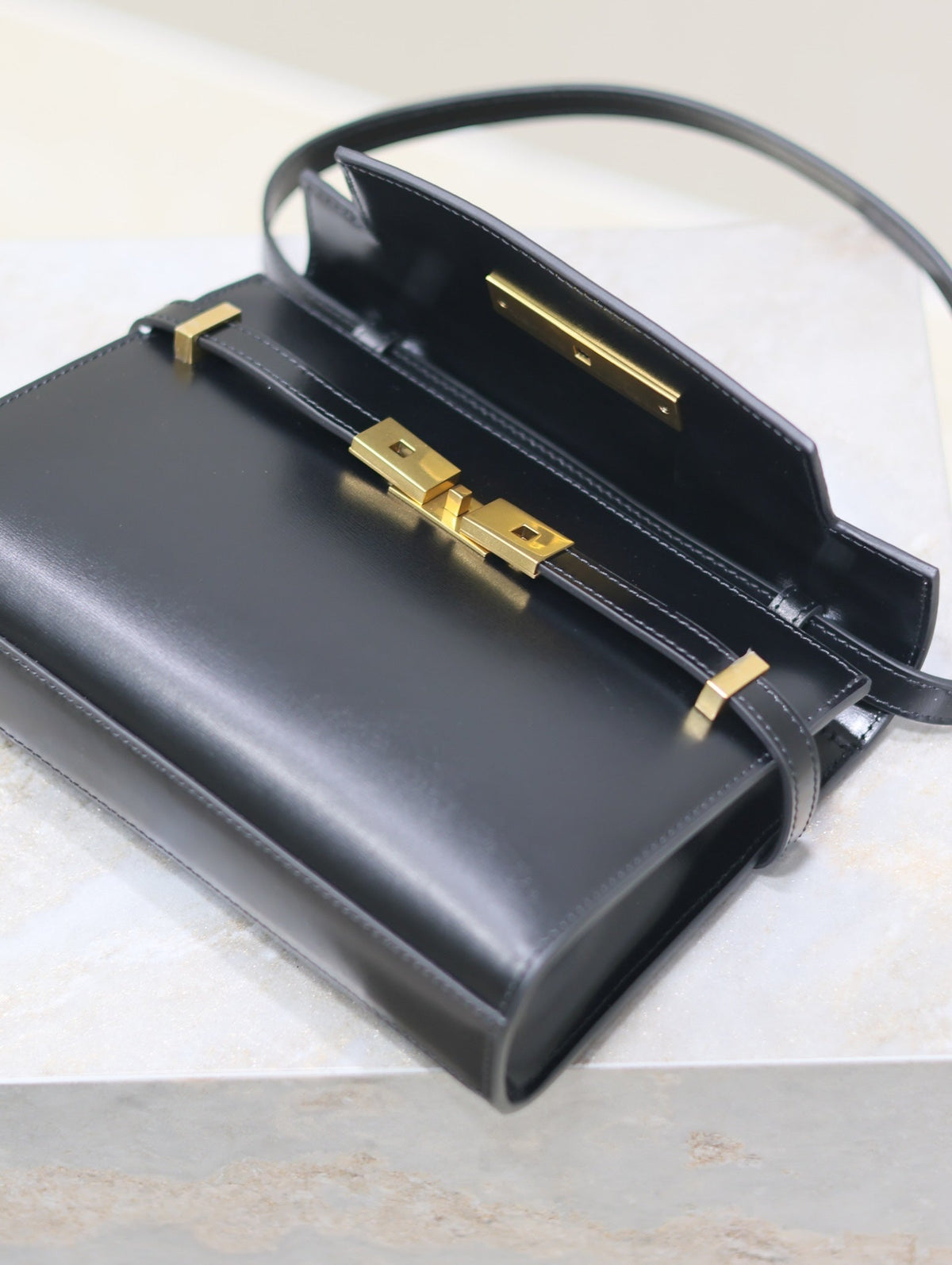 Saint Laurent Manhattan Small 24 in Black Smooth Lambskin Gold Hardware Bag
