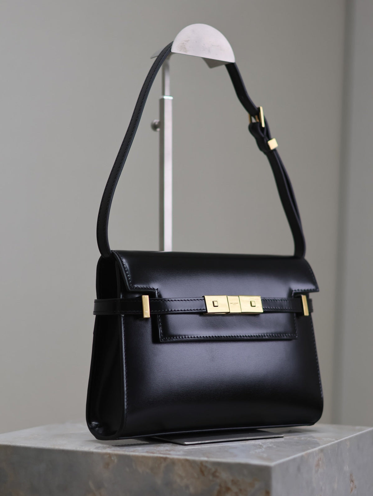 Saint Laurent Manhattan Small 24 in Black Smooth Lambskin Gold Hardware Bag