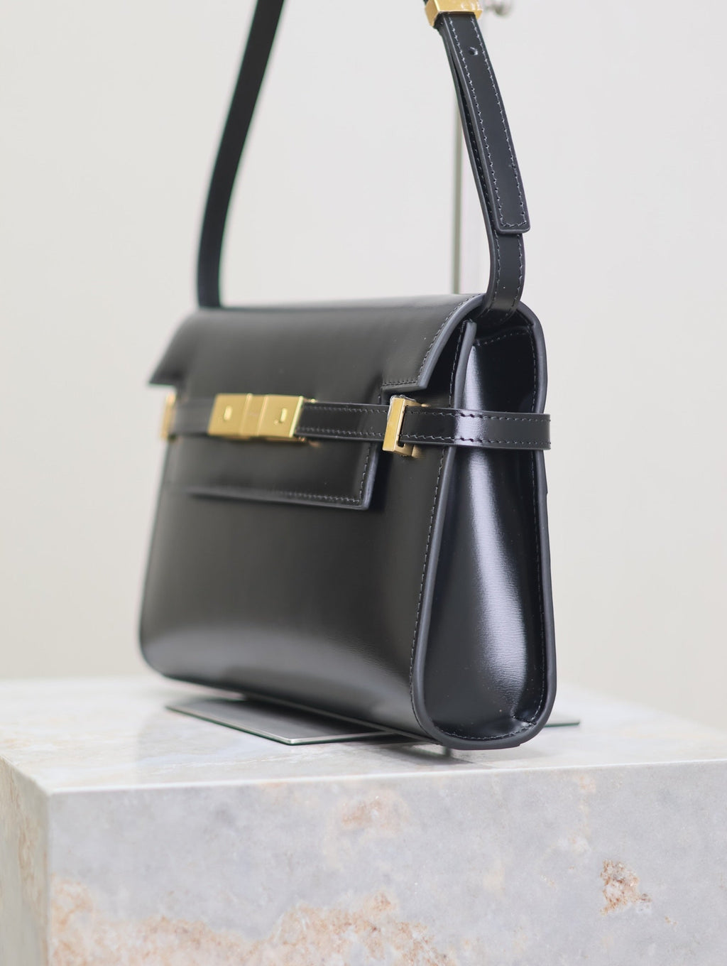 Saint Laurent Manhattan Small 24 in Black Smooth Lambskin Gold Hardware Bag