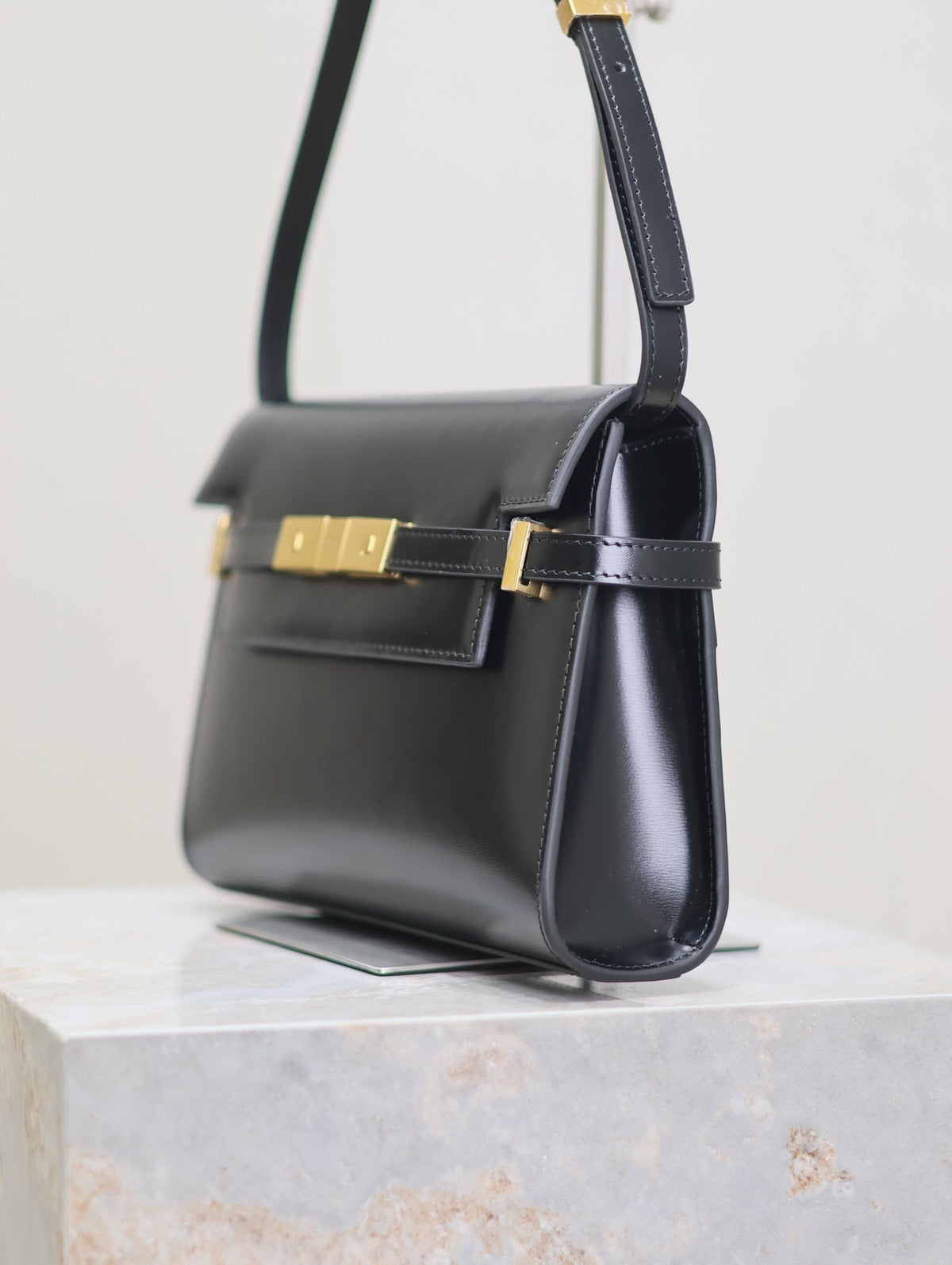 Saint Laurent Manhattan Small 24 in Black Smooth Lambskin Gold Hardware Bag
