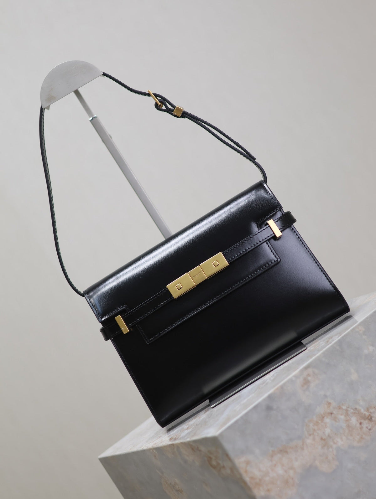 Saint Laurent Manhattan Small 24 in Black Smooth Lambskin Gold Hardware Bag