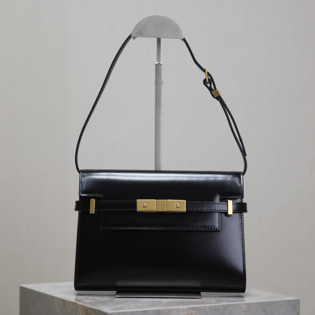 Saint Laurent Manhattan Small 24 in Black Smooth Lambskin Gold Hardware Bag