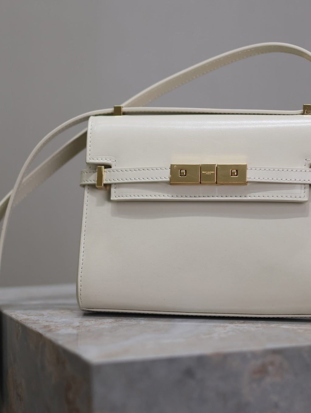 Saint Laurent 25S Mini Manhattan 19 in Blanc Vintage Calfskin Gold Hardwre Bag