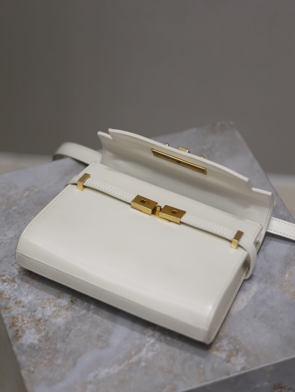 Saint Laurent 25S Mini Manhattan 19 in Blanc Vintage Calfskin Gold Hardwre Bag