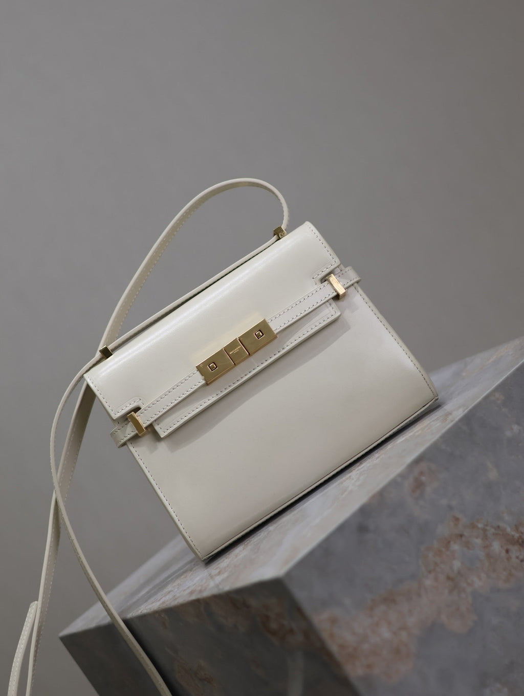 Saint Laurent 25S Mini Manhattan 19 in Blanc Vintage Calfskin Gold Hardwre Bag