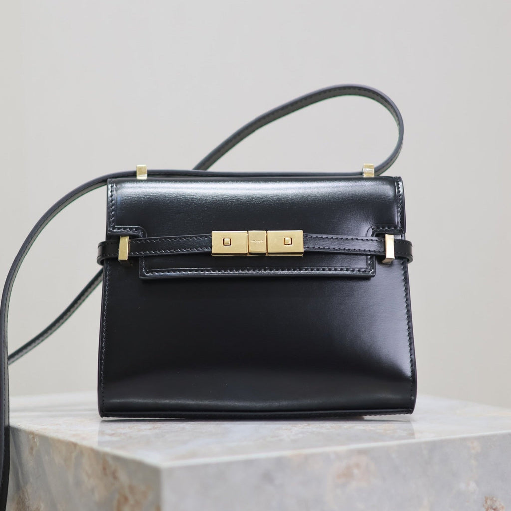 Saint Laurent Manhattan Mini 19 in Black Smooth Lambskin Gold Buckle Bag