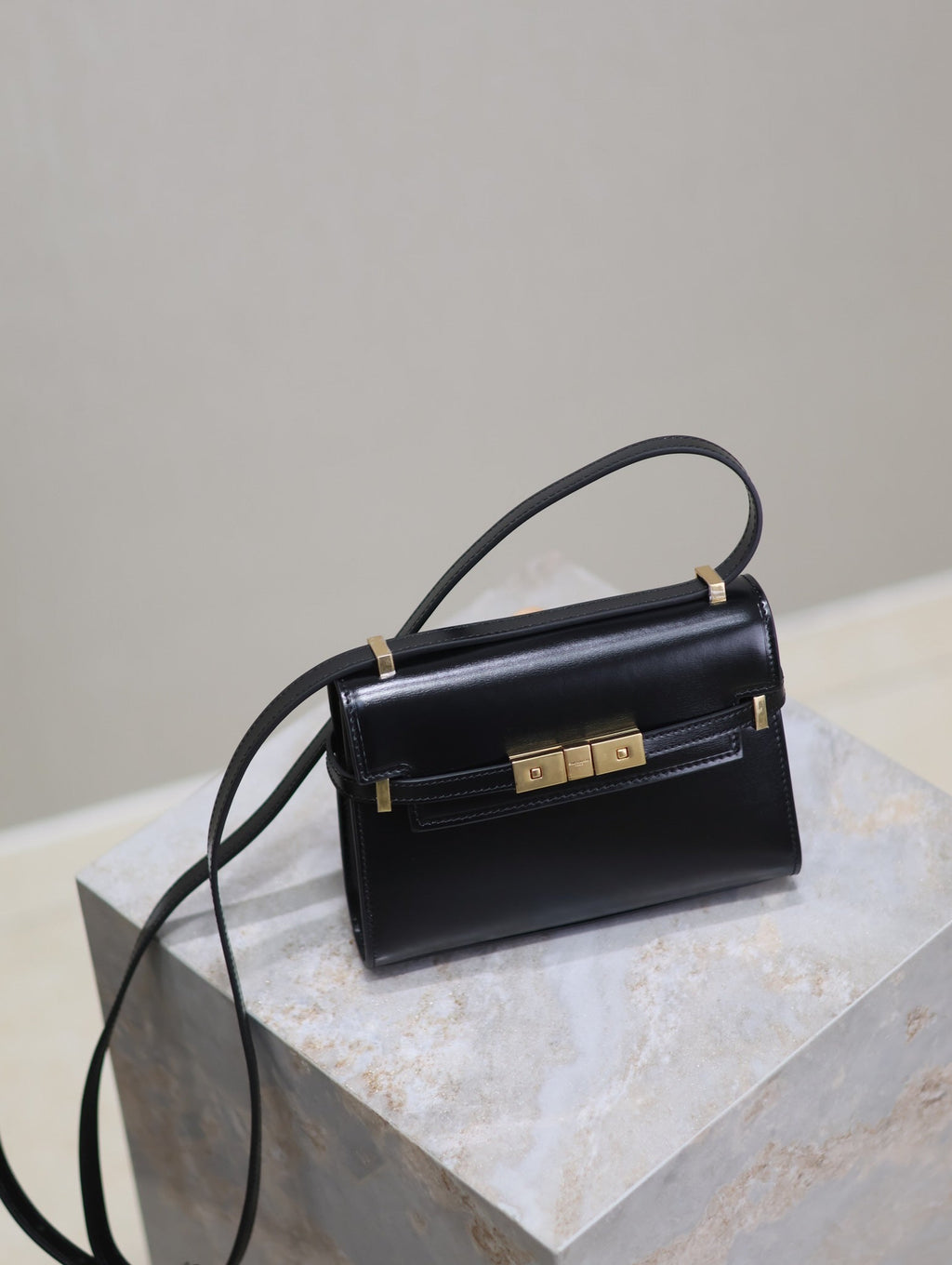Saint Laurent Manhattan Mini 19 in Black Smooth Lambskin Gold Buckle Bag