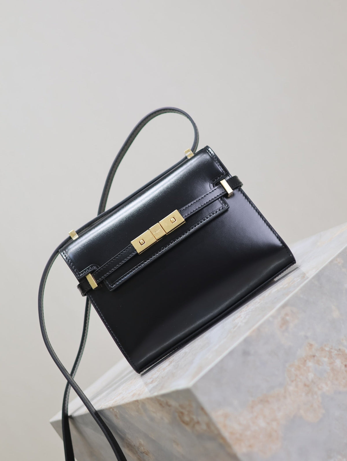 Saint Laurent Manhattan Mini 19 in Black Smooth Lambskin Gold Buckle Bag