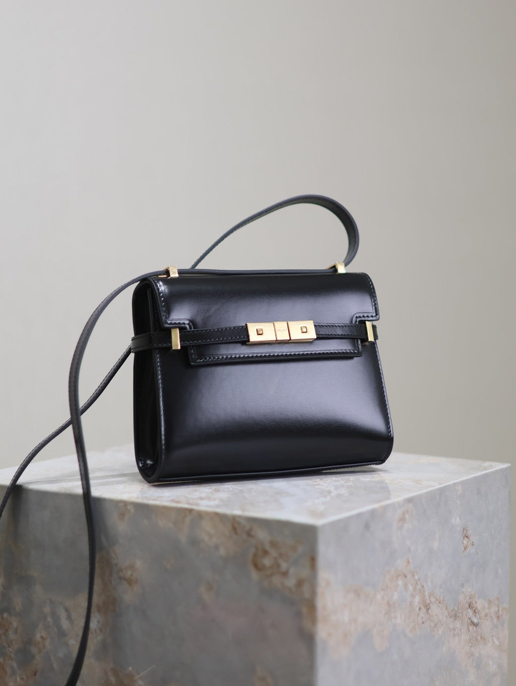 Saint Laurent Manhattan Mini 19 in Black Smooth Lambskin Gold Buckle Bag