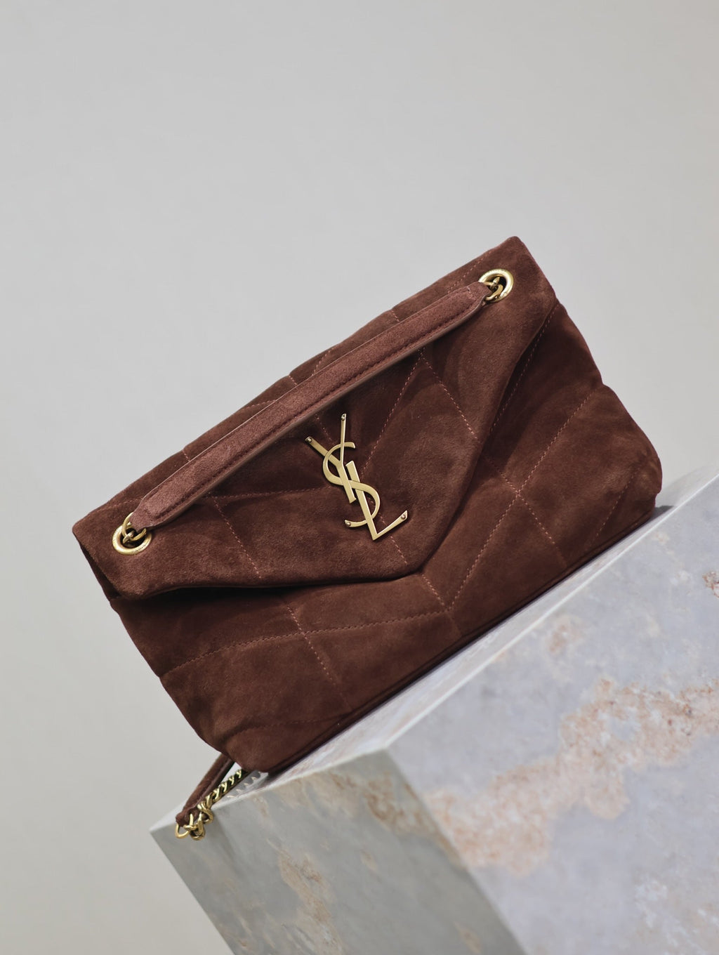 Saint Laurent 25S Loulou Puffer MM 29 in Dark Brown Suede Gold Hardware Bag
