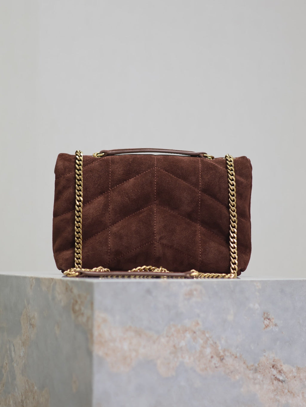 Saint Laurent Puffer Toy 23 in Walnut Brown Suede Gold Hardware Bag