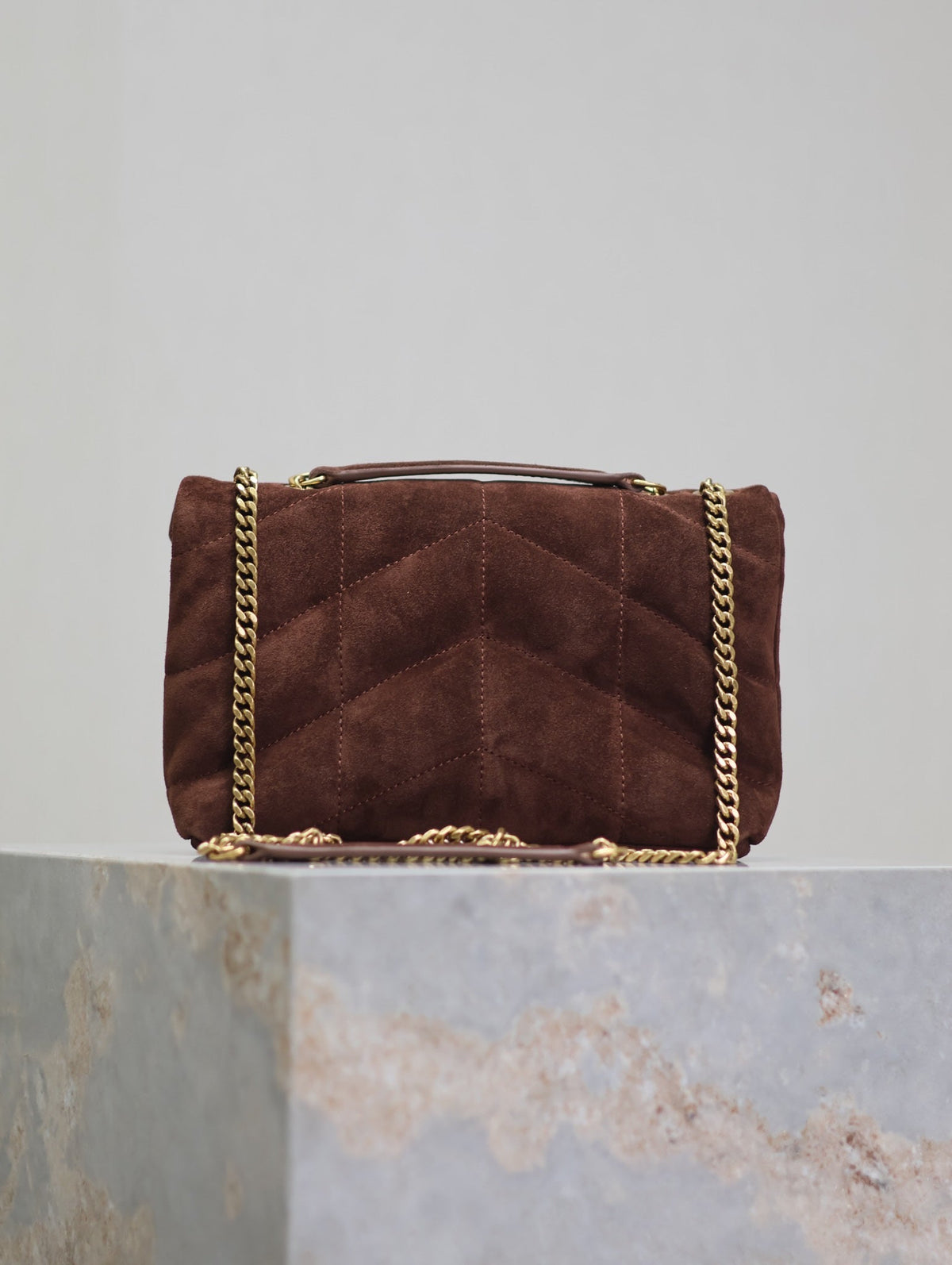 Saint Laurent Puffer Toy 23 in Walnut Brown Suede Gold Hardware Bag
