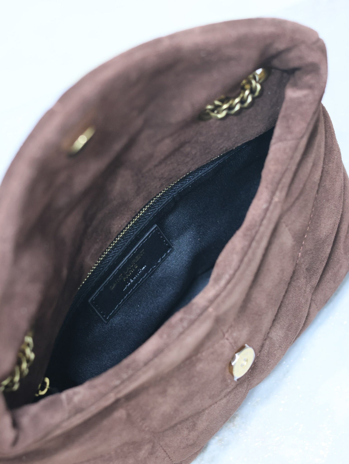 Saint Laurent Puffer Toy 23 in Walnut Brown Suede Gold Hardware Bag