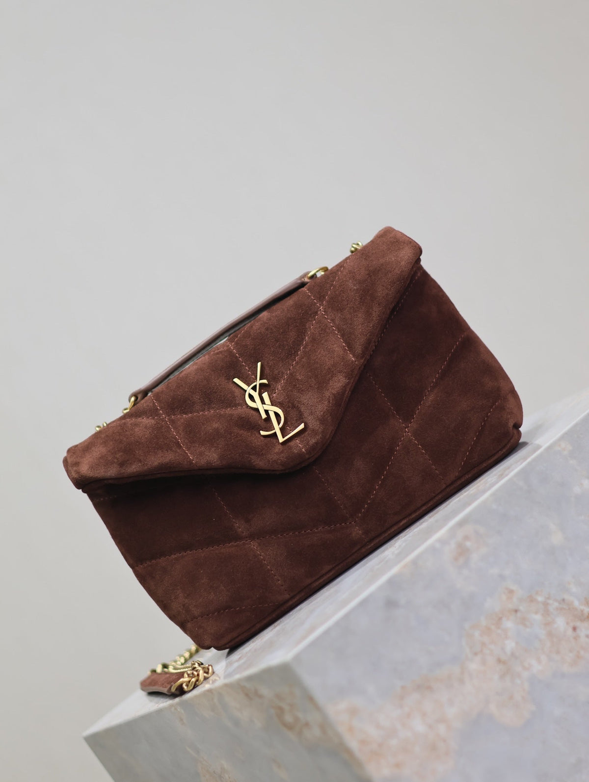 Saint Laurent Puffer Toy 23 in Walnut Brown Suede Gold Hardware Bag