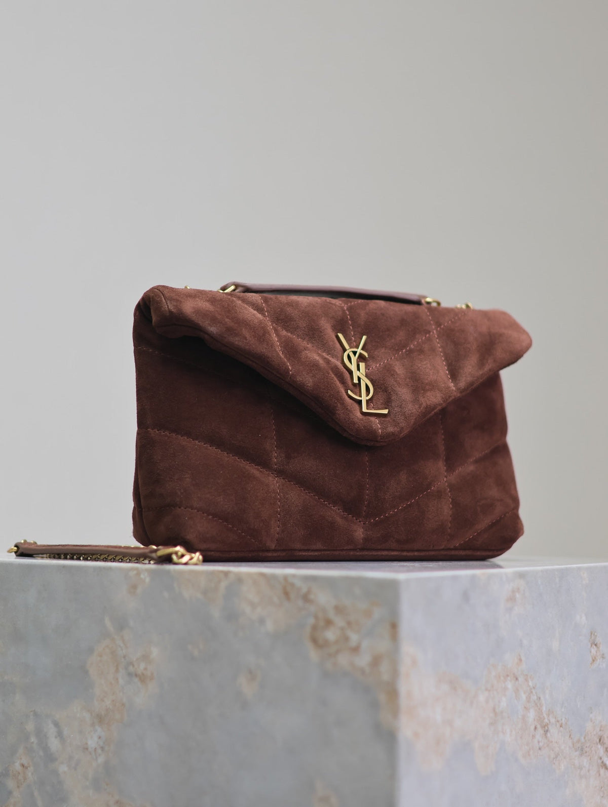 Saint Laurent Puffer Toy 23 in Walnut Brown Suede Gold Hardware Bag