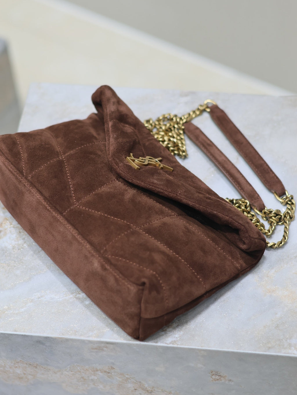 Saint Laurent Puffer Toy 23 in Walnut Brown Suede Gold Hardware Bag