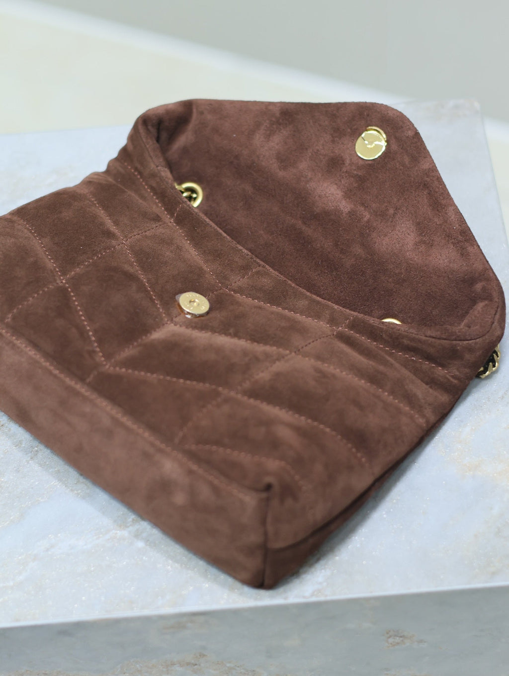 Saint Laurent Puffer Toy 23 in Walnut Brown Suede Gold Hardware Bag