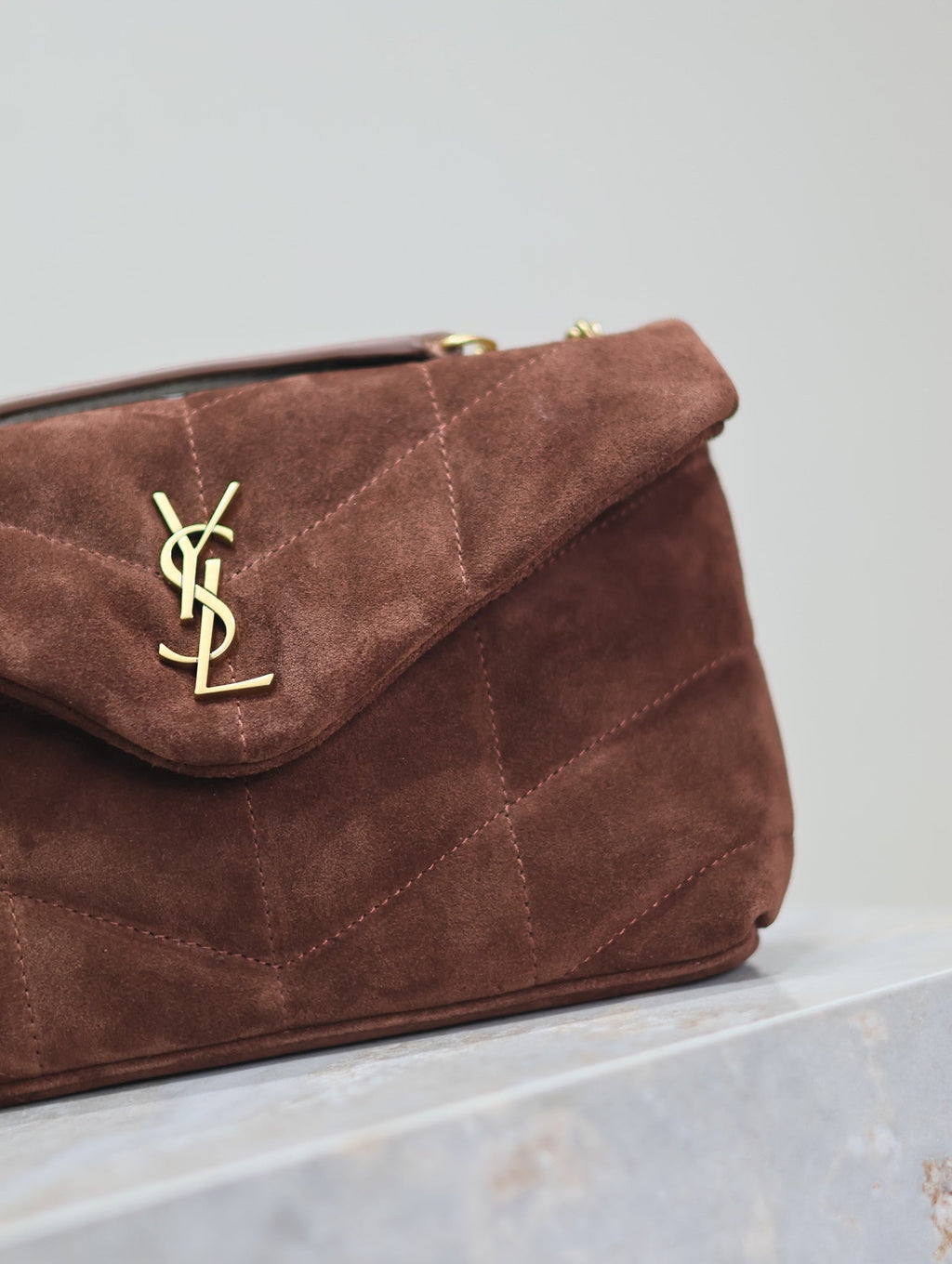 Saint Laurent Puffer Toy 23 in Walnut Brown Suede Gold Hardware Bag