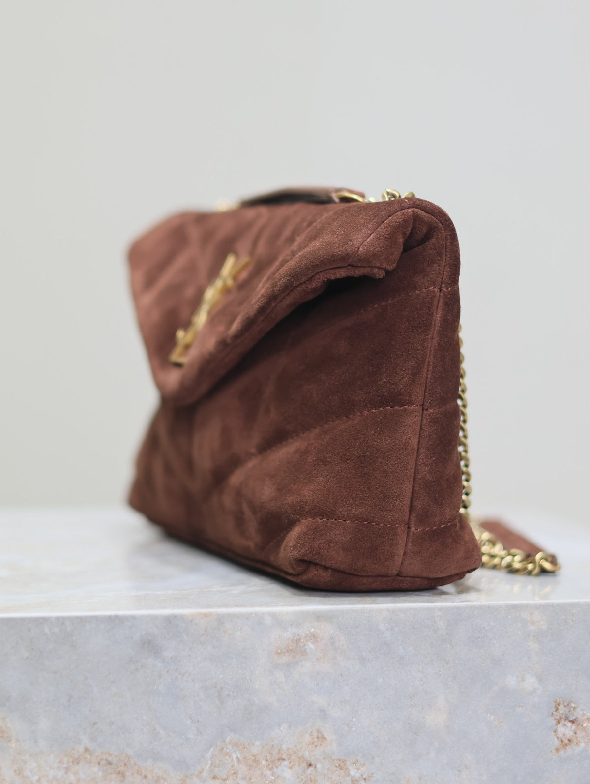 Saint Laurent Puffer Toy 23 in Walnut Brown Suede Gold Hardware Bag