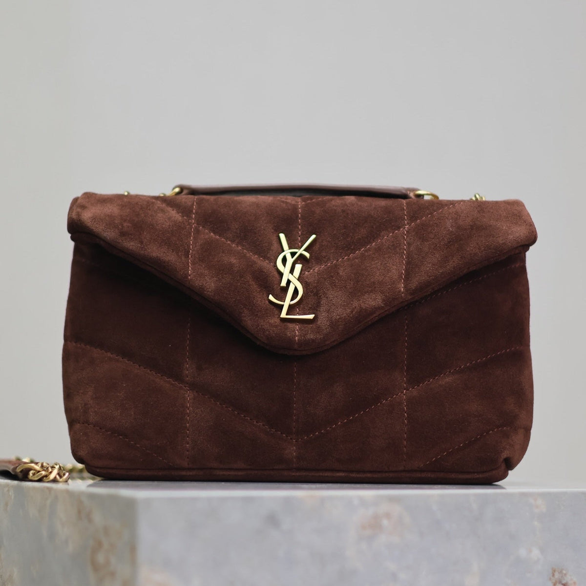 Saint Laurent Puffer Toy 23 in Walnut Brown Suede Gold Hardware Bag