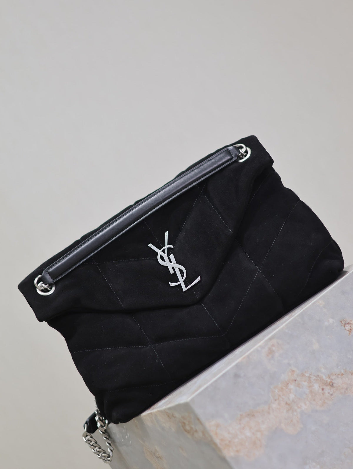 Saint Laurent 25S Loulou Puffer GM 35 in Black Suede Silver Hardwre Bag