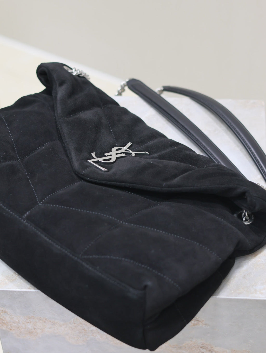 Saint Laurent 25S Loulou Puffer GM 35 in Black Suede Silver Hardwre Bag